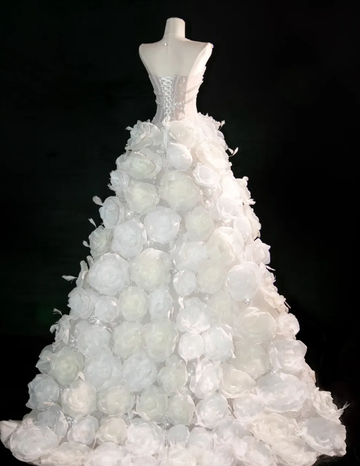 3D Flower White A Line Sweetheart Neck Rhinestone Tulle Long Prom Dress HZ1023